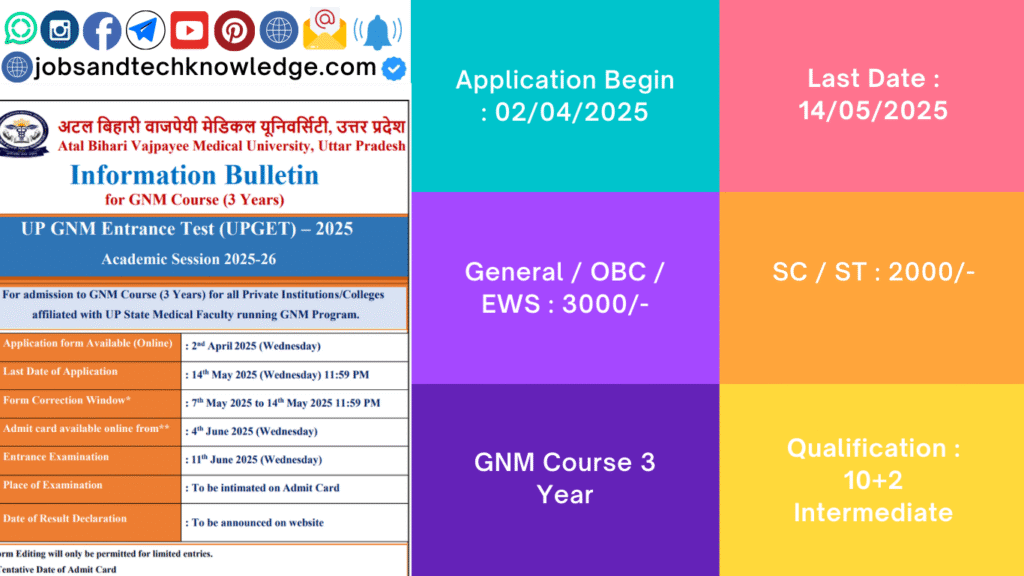 GNM Entrance Test UPGET 2025 Apply Online Form